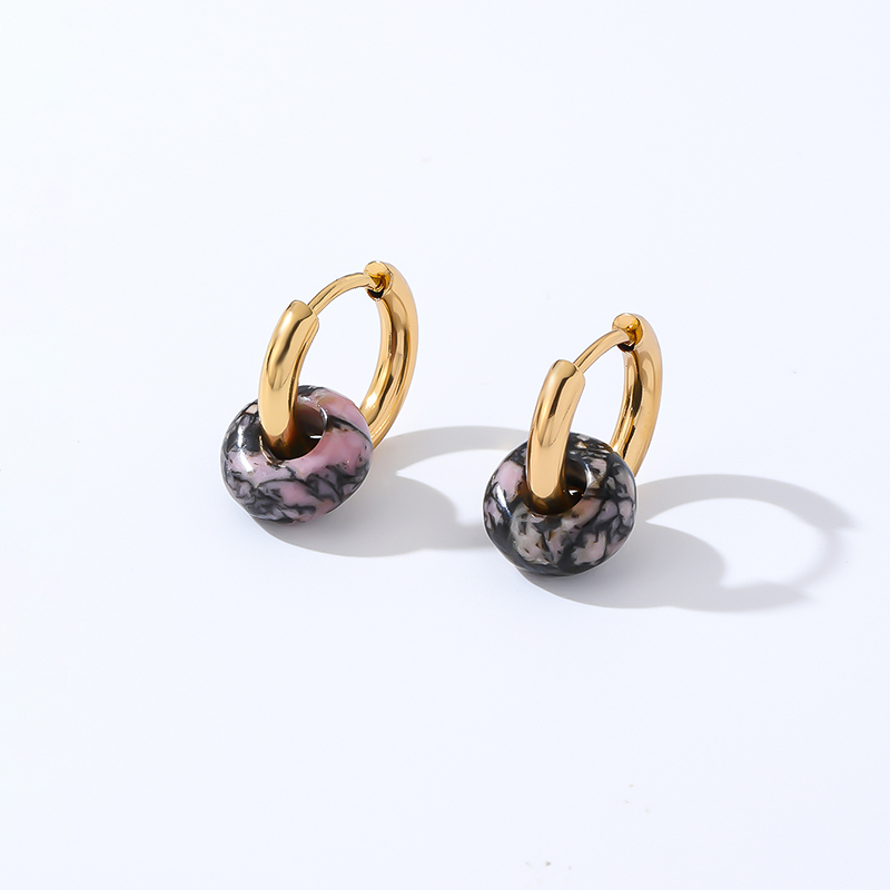 1 Pair Retro Simple Style Round Plating 304 Stainless Steel Natural Stone K Gold Plated Hoop Earrings display picture 17