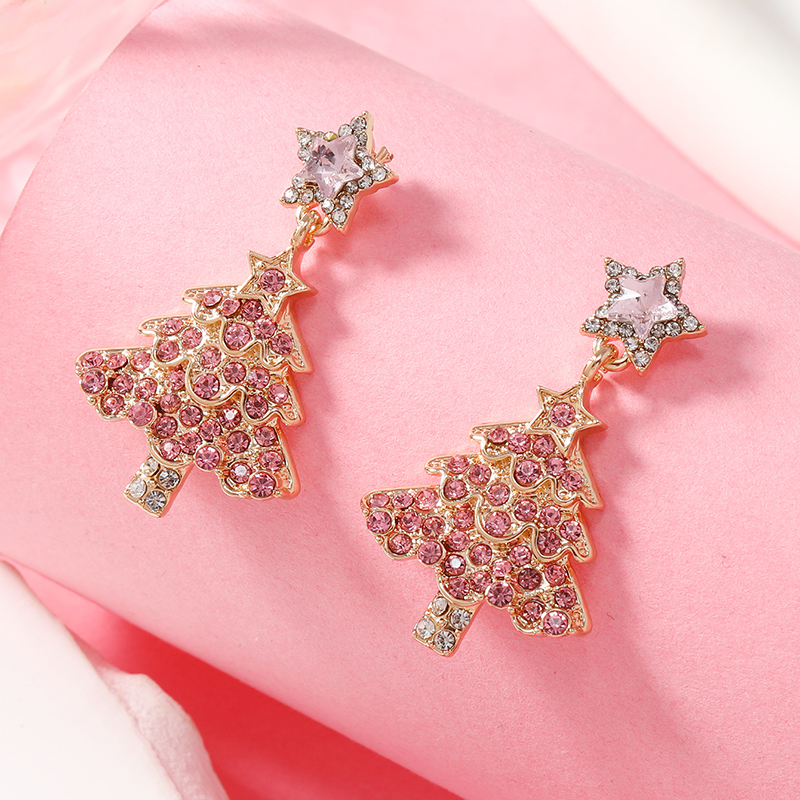 1 Paire Mignon Sapin De Noël Pain D'épice Star Placage Évider Incruster Arylique Alliage Strass Plaqué Or Boucles D'oreilles display picture 1