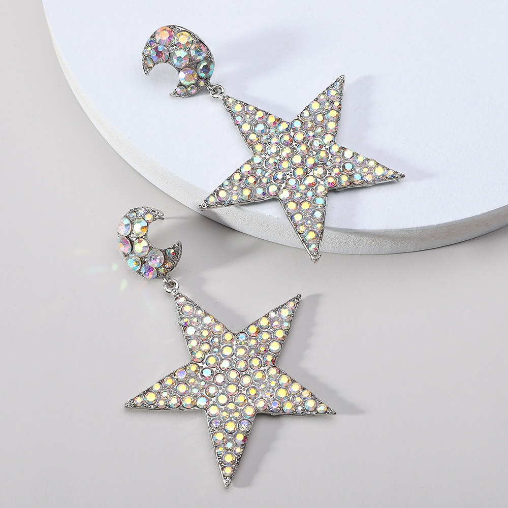 1 Pair Glam Lady Shiny Star Moon Plating Inlay Zinc Alloy Rhinestones Dangling Earrings display picture 4