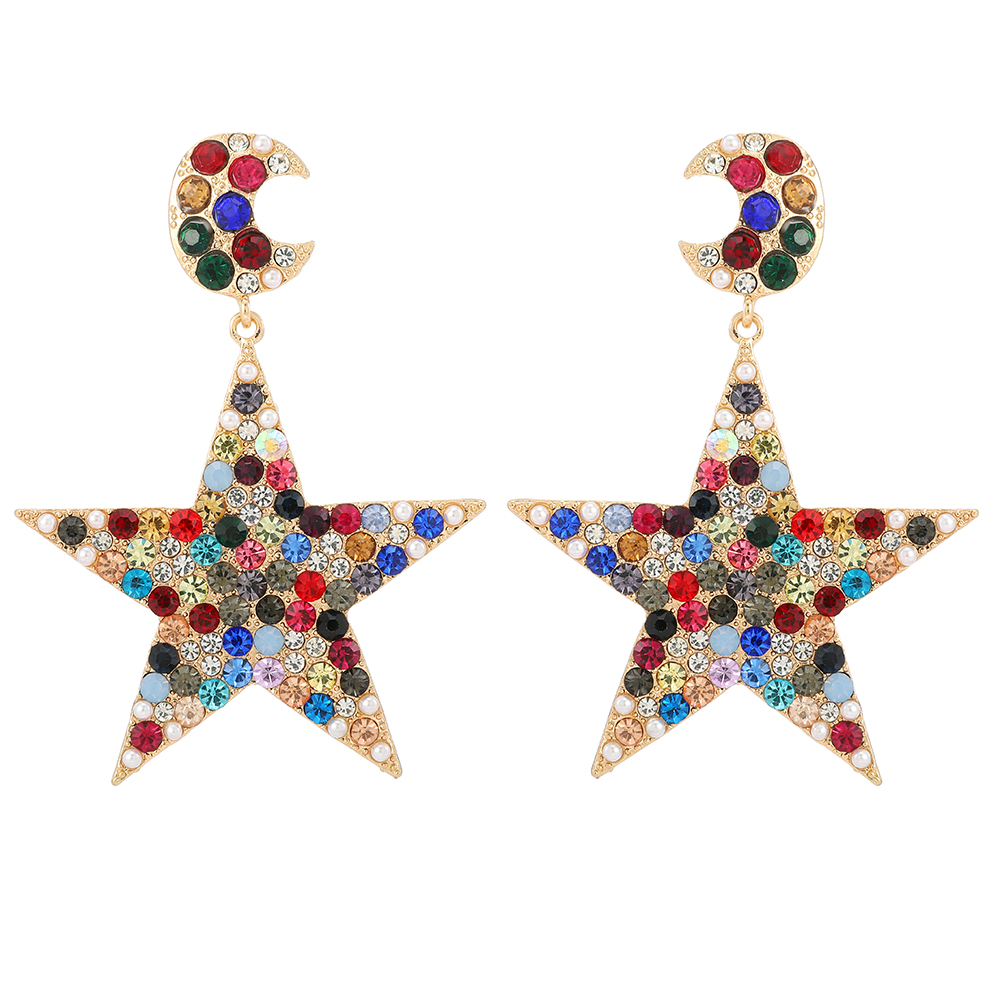 1 Pair Glam Lady Shiny Star Moon Plating Inlay Zinc Alloy Rhinestones Dangling Earrings display picture 2