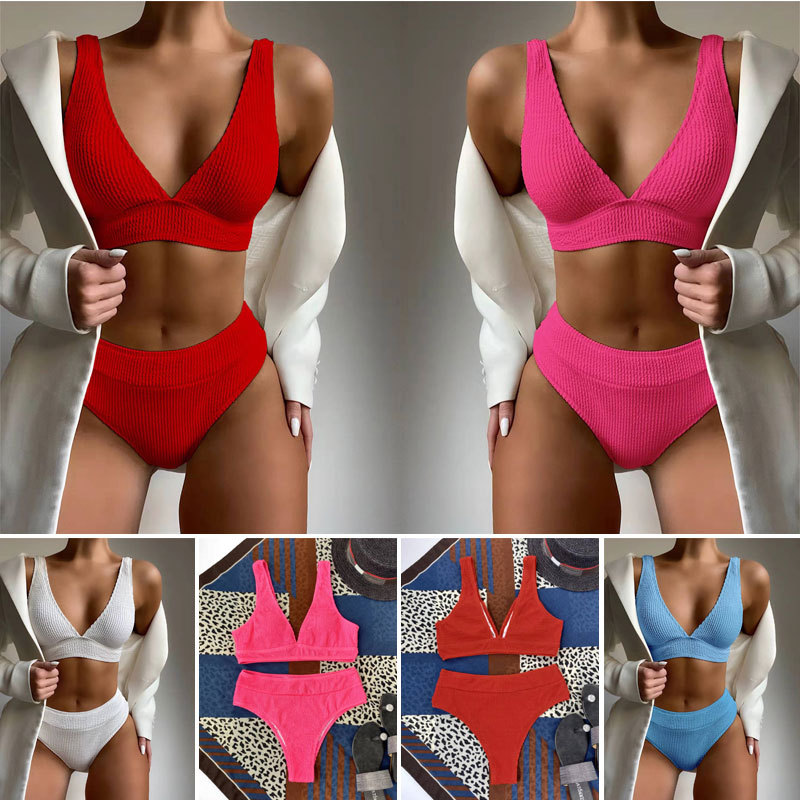 Bikini Push Up Sexy Con Cordones De Color Liso Para Mujer, Superventas En Europa Y América, Traje De Baño Triangular Para Mujer display picture 1