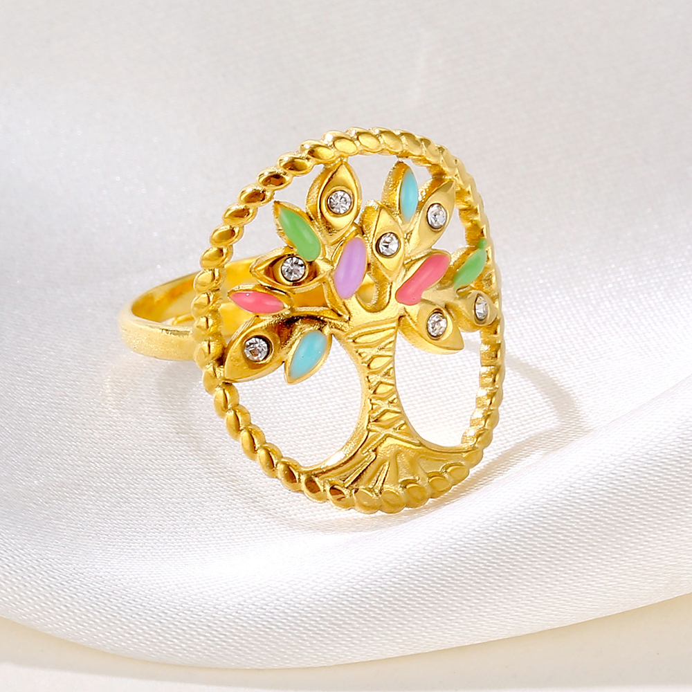 Retro Tree Stainless Steel Plating Inlay Zircon 18k Gold Plated Open Rings display picture 2