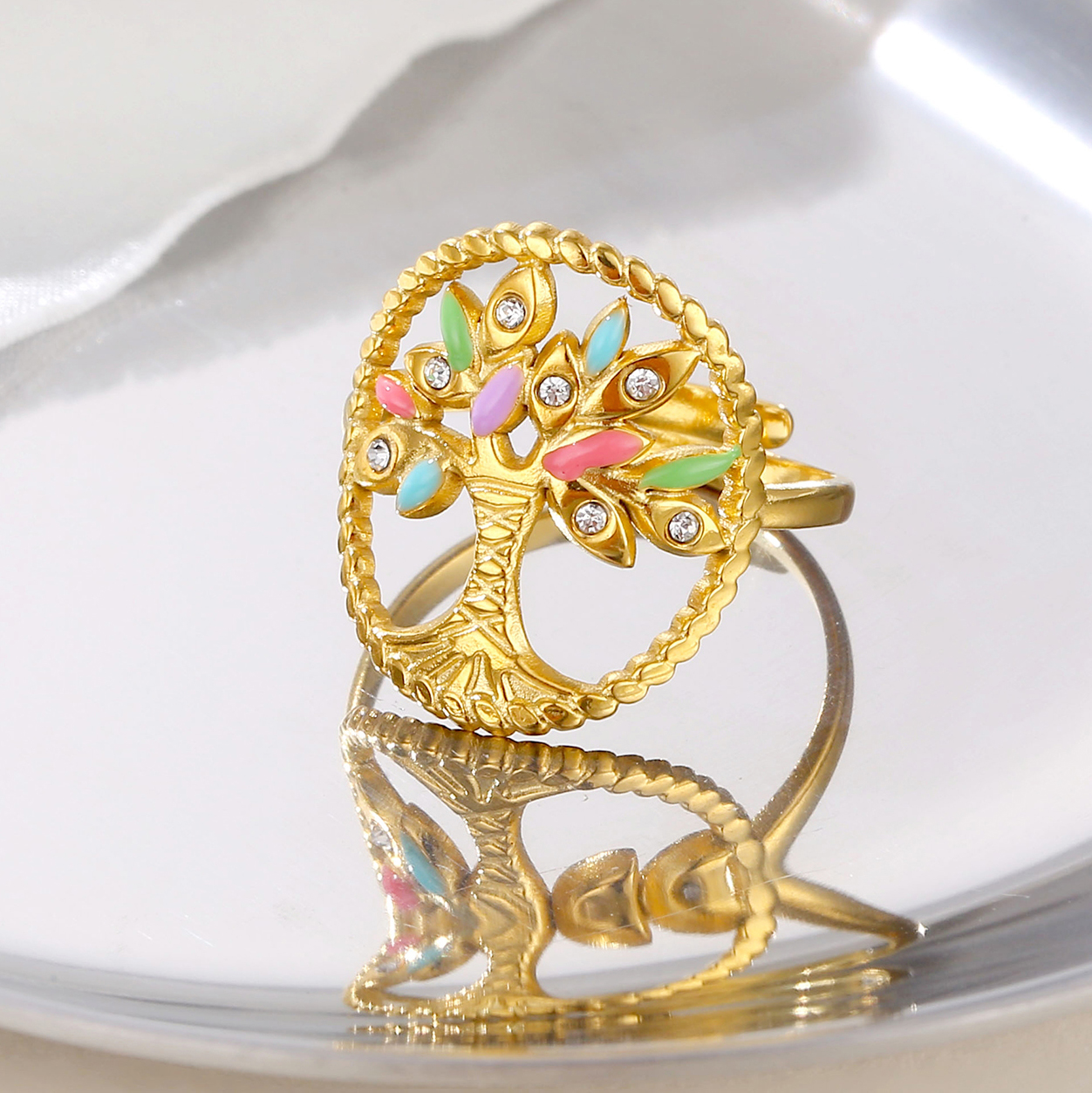 Retro Tree Stainless Steel Plating Inlay Zircon 18k Gold Plated Open Rings display picture 4
