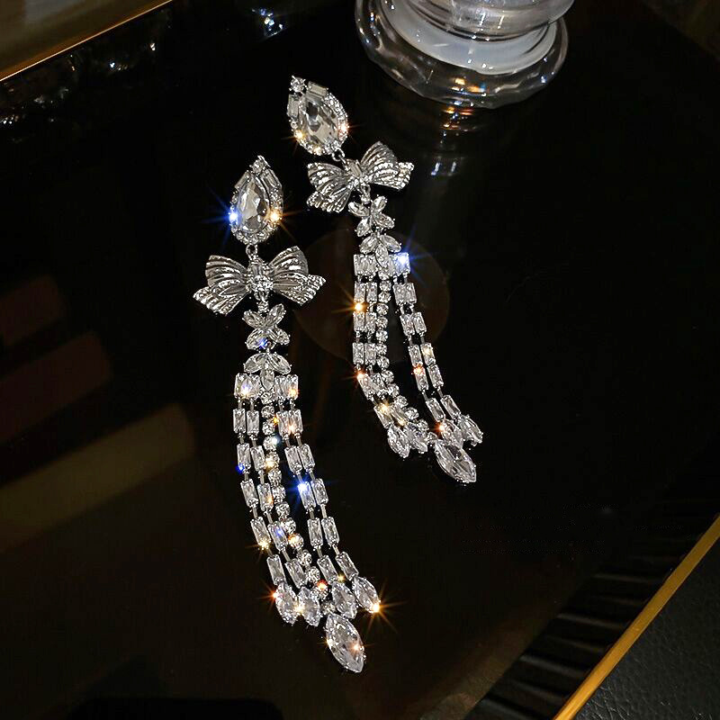 1 Pair Ig Style Elegant Bow Knot Tassel Plating Inlay Alloy Rhinestones Silver Plated Drop Earrings display picture 5