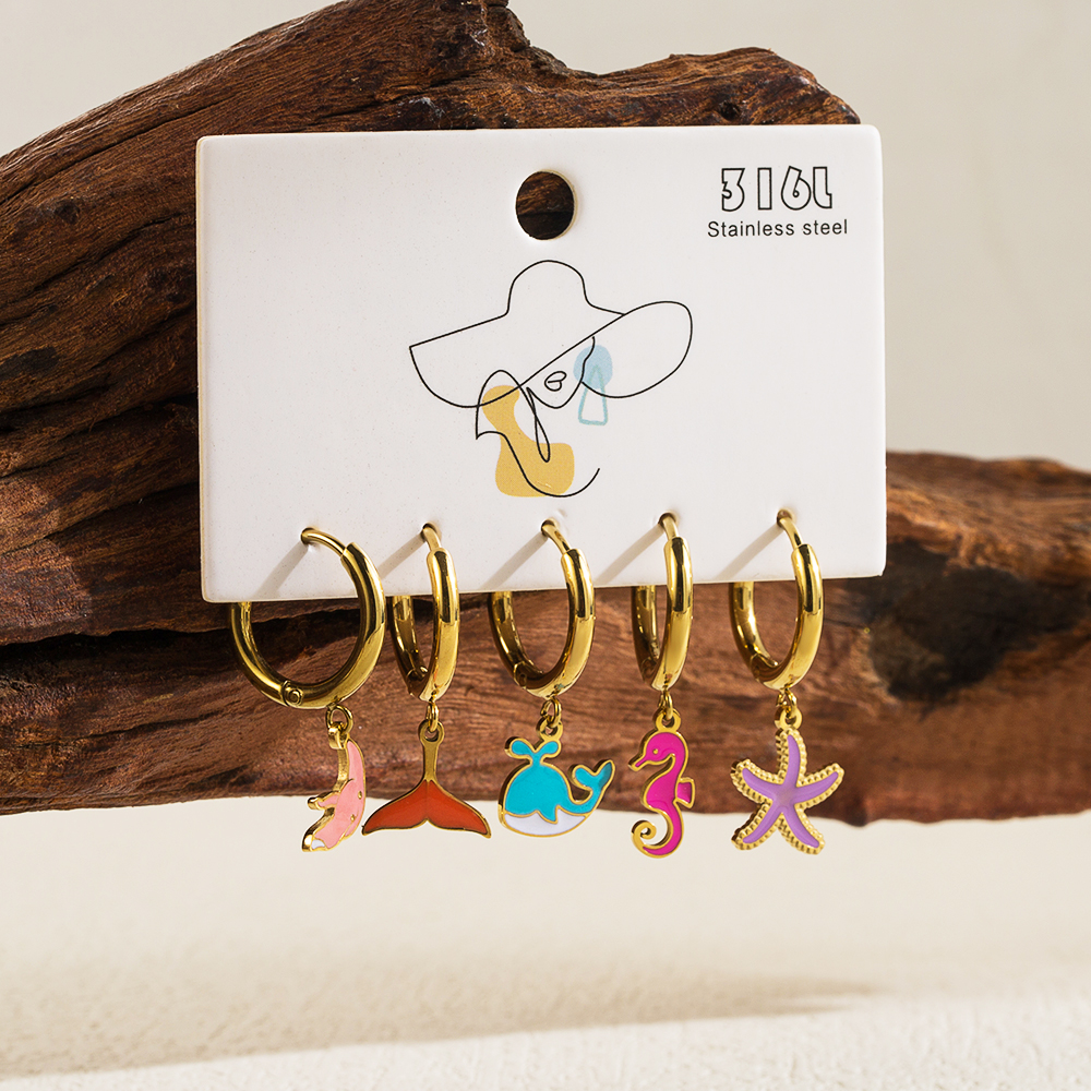 1 Set Beach Simple Style Ice Cream Dolphin Hippocampus Enamel Plating Stainless Steel 14k Gold Plated Drop Earrings display picture 1