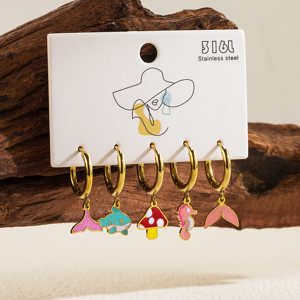1 Set Beach Simple Style Ice Cream Dolphin Hippocampus Enamel Plating Stainless Steel 14k Gold Plated Drop Earrings display picture 2