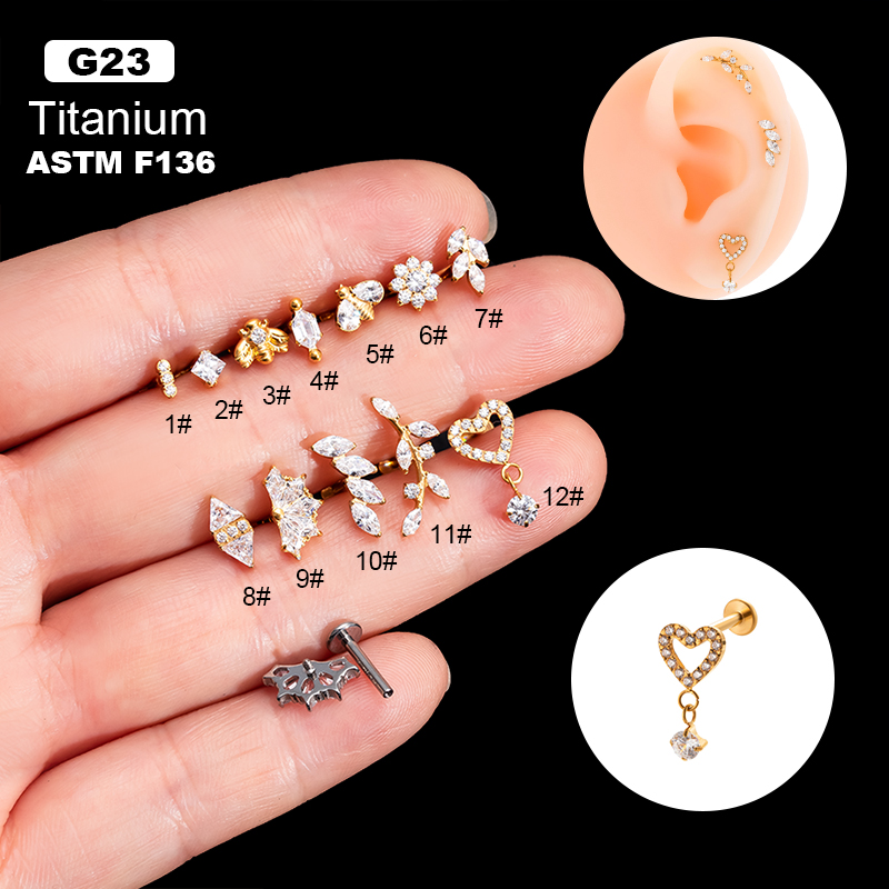 1 Piece Ear Cartilage Rings & Studs IG Style Vintage Style Leaves Heart Shape Bee Pure Titanium Plating Inlay Zircon display picture 1