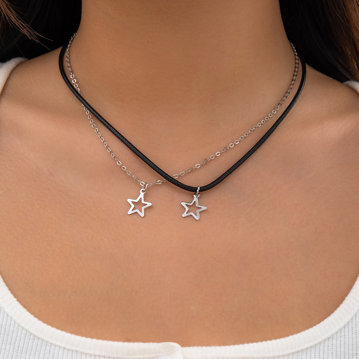 Simple Style Irregular Geometric Star Pu Alloy Leather Wax Line Women's Double Layer Necklaces display picture 6