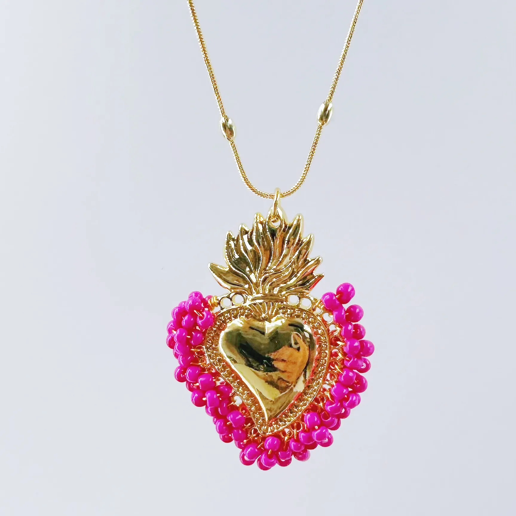 Vintage Style Heart Shape Copper Gold Plated Seed Bead Pendant Necklace In Bulk display picture 5