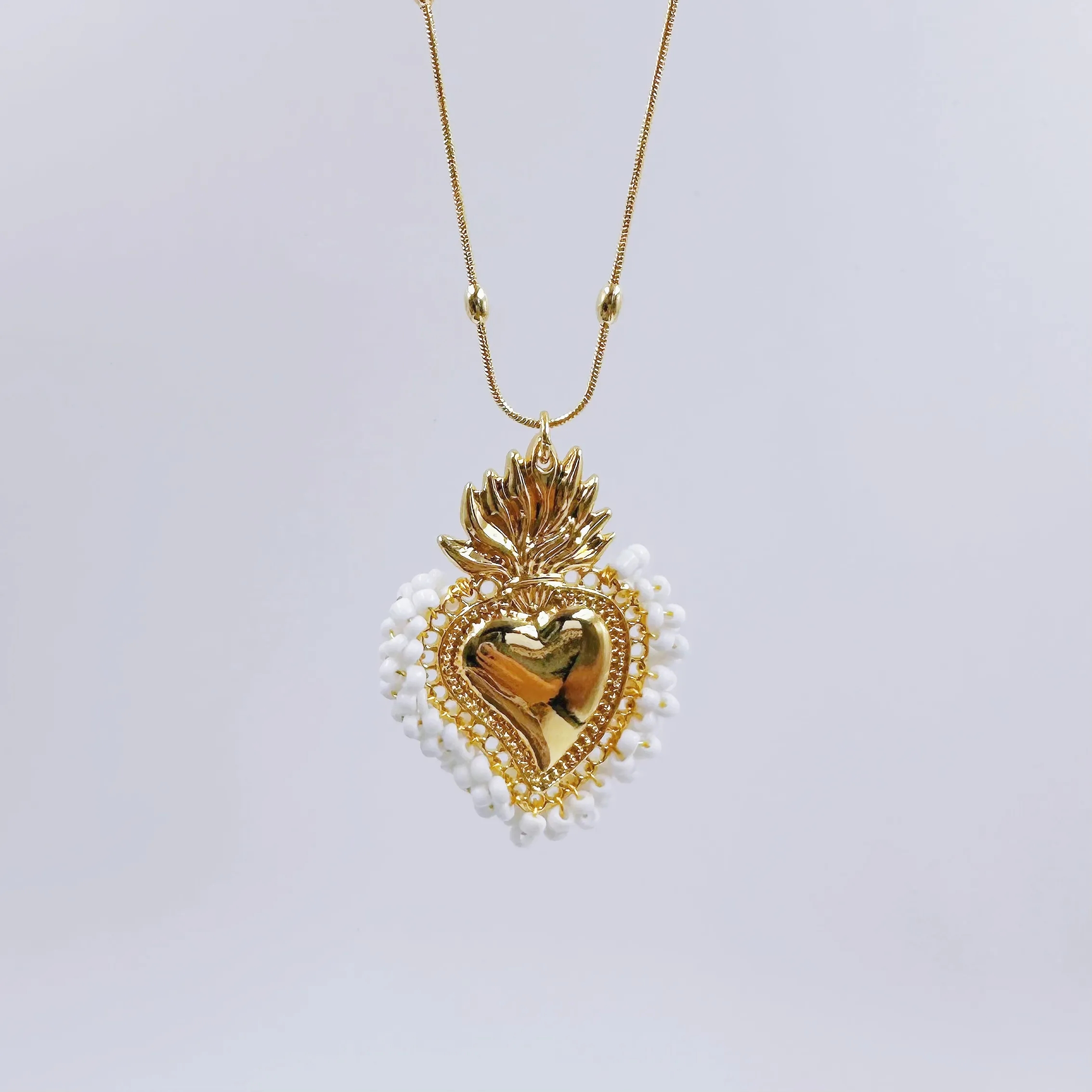 Vintage Style Heart Shape Copper Gold Plated Seed Bead Pendant Necklace In Bulk display picture 4
