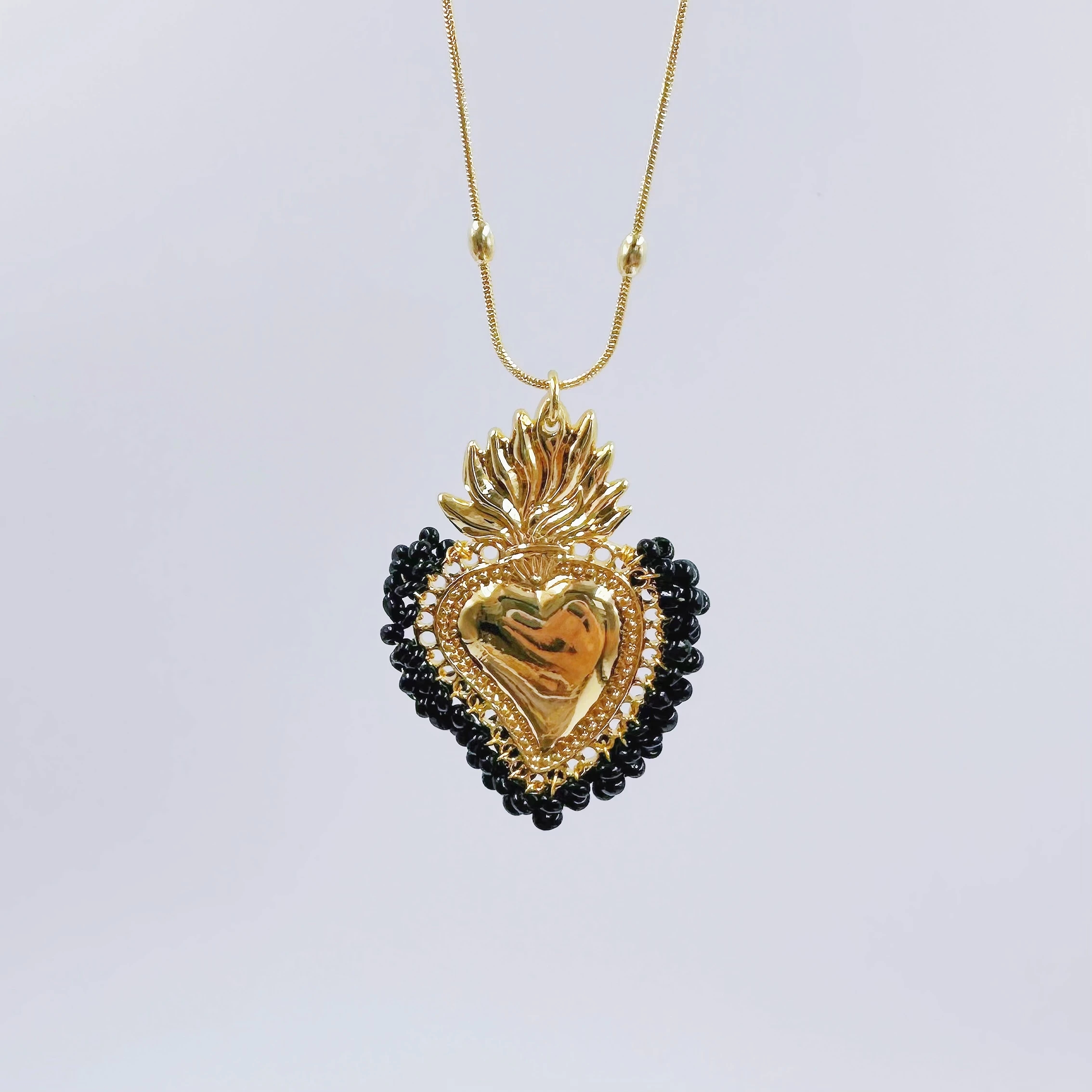 Vintage Style Heart Shape Copper Gold Plated Seed Bead Pendant Necklace In Bulk display picture 6