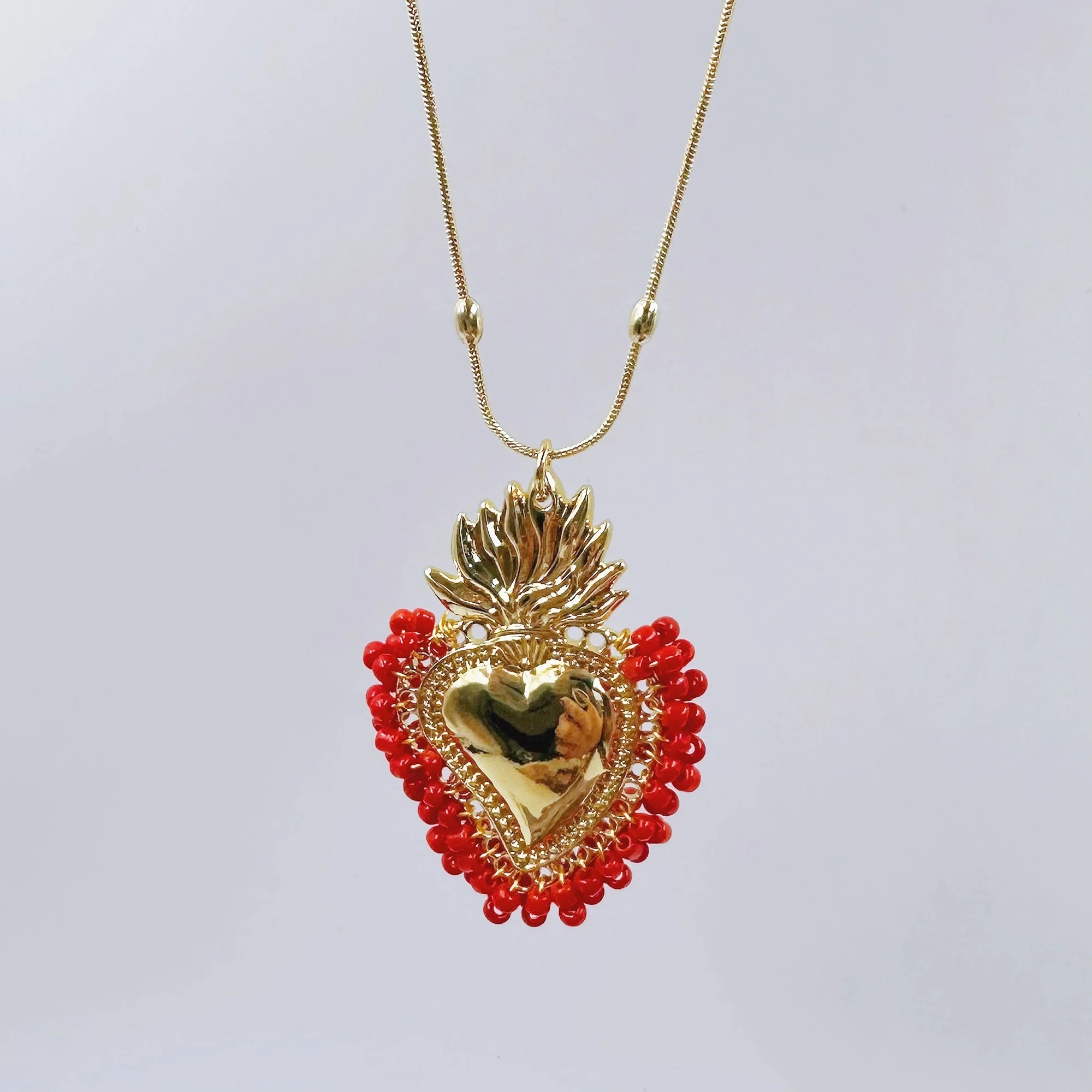 Vintage Style Heart Shape Copper Gold Plated Seed Bead Pendant Necklace In Bulk display picture 7