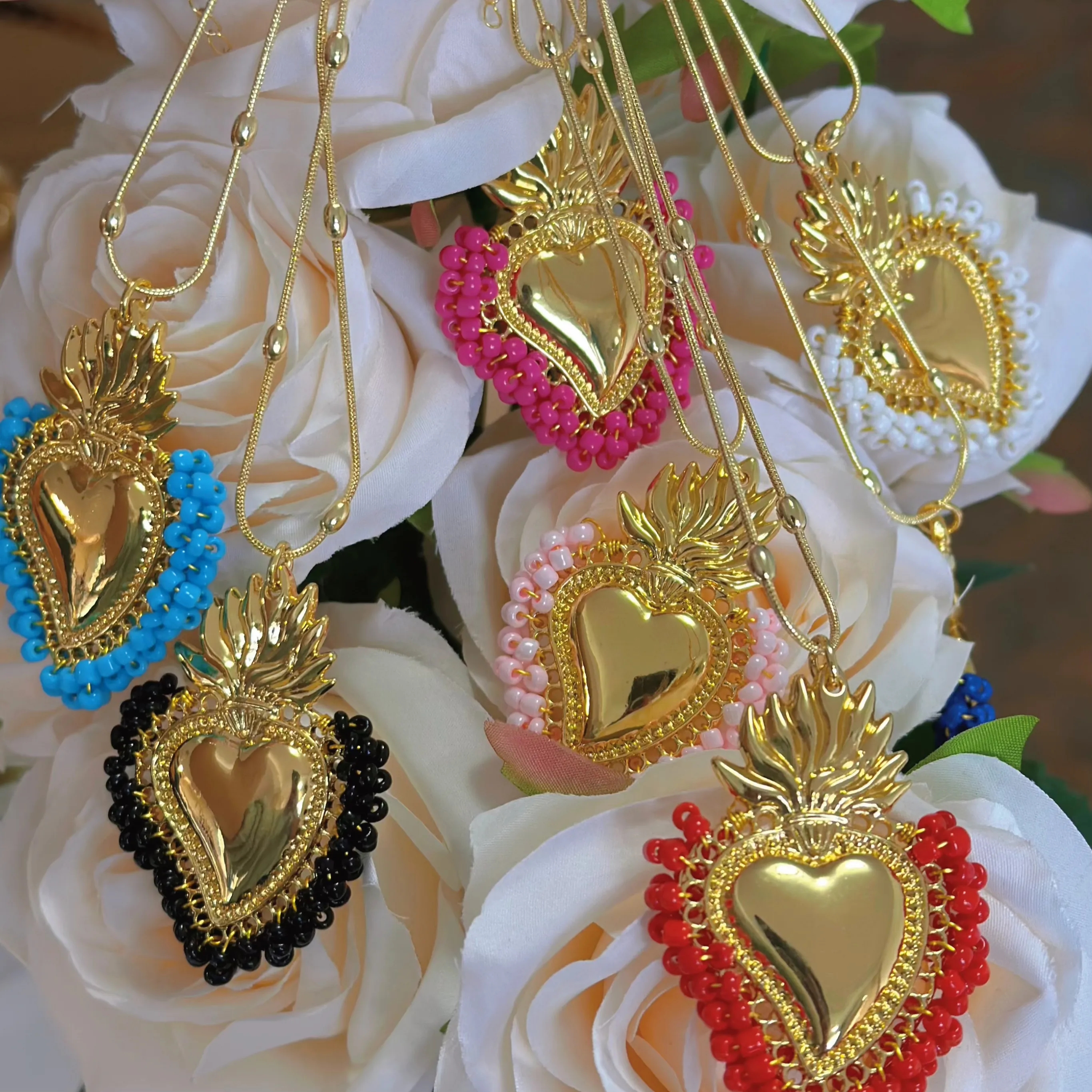 Vintage Style Heart Shape Copper Gold Plated Seed Bead Pendant Necklace In Bulk display picture 10