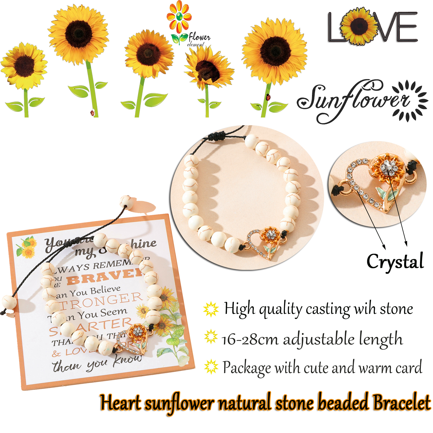 Romantic Pastoral Solid Color Sunflower Heart Shape Stainless Steel Alloy Natural Stone Enamel Plating Inlay Rhinestones Gold Plated Thanksgiving Unisex Drawstring Bracelets display picture 2