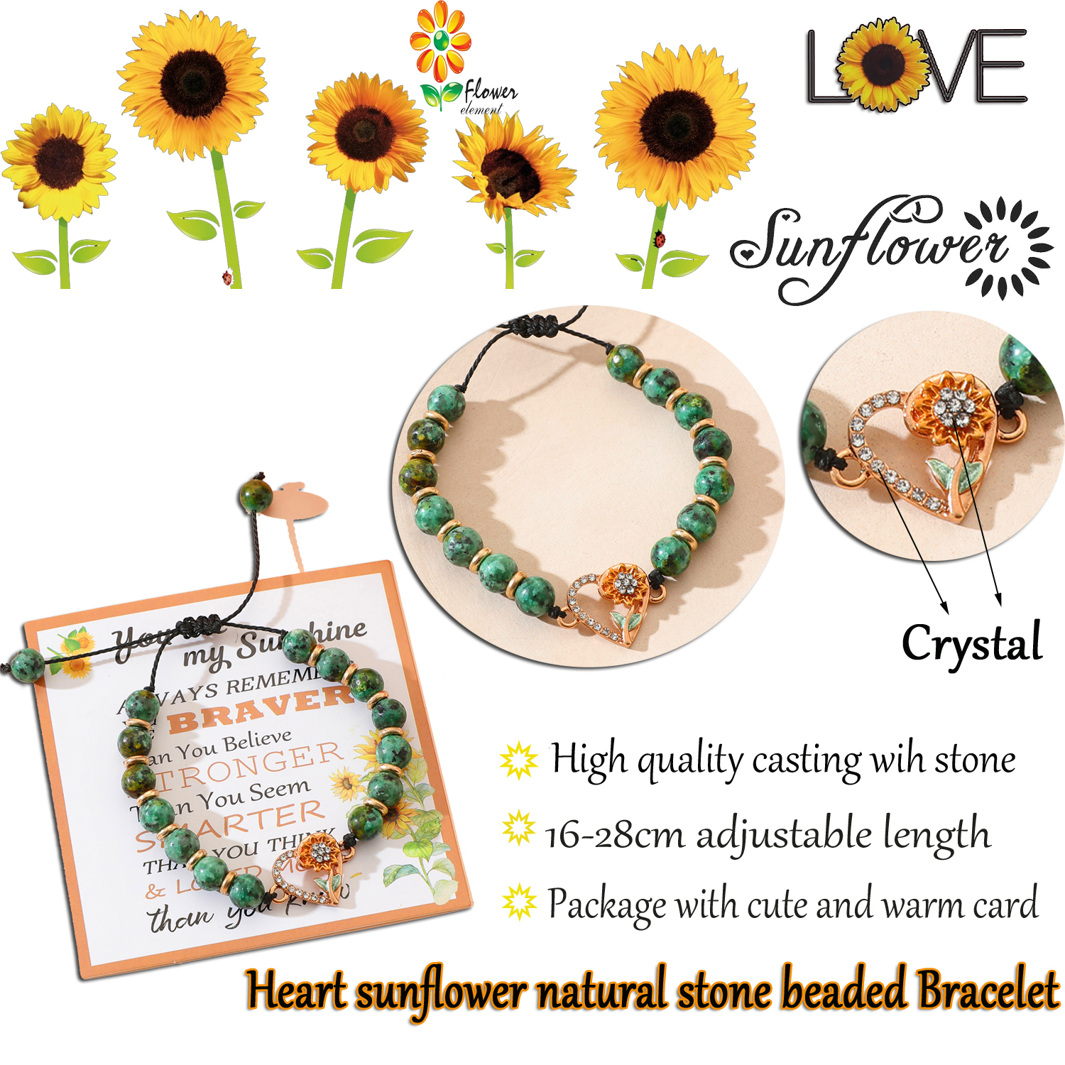 Romantic Pastoral Solid Color Sunflower Heart Shape Stainless Steel Alloy Natural Stone Enamel Plating Inlay Rhinestones Gold Plated Thanksgiving Unisex Drawstring Bracelets display picture 1