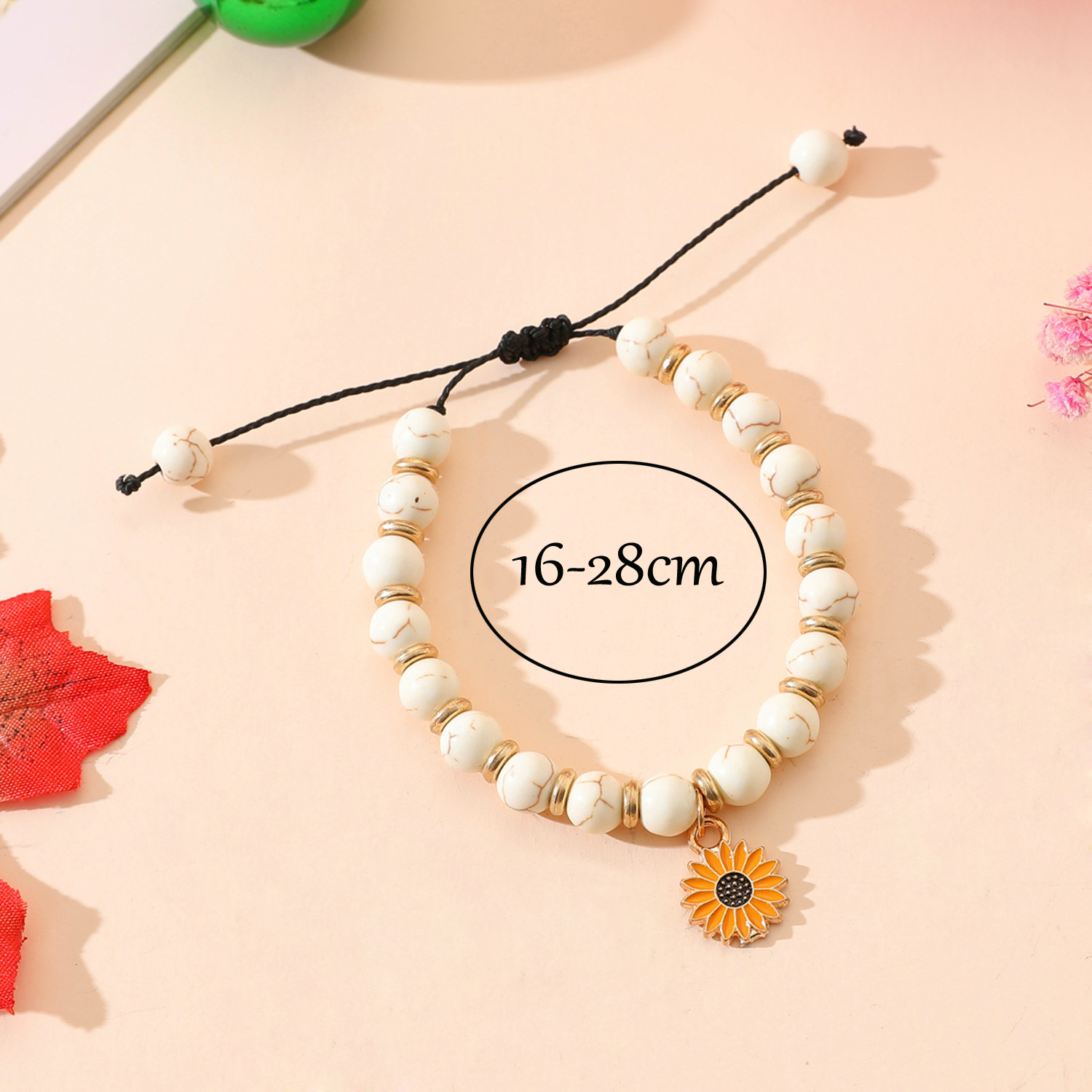Romantic Pastoral Solid Color Sunflower Heart Shape Stainless Steel Alloy Natural Stone Enamel Plating Inlay Rhinestones Gold Plated Thanksgiving Unisex Drawstring Bracelets display picture 7