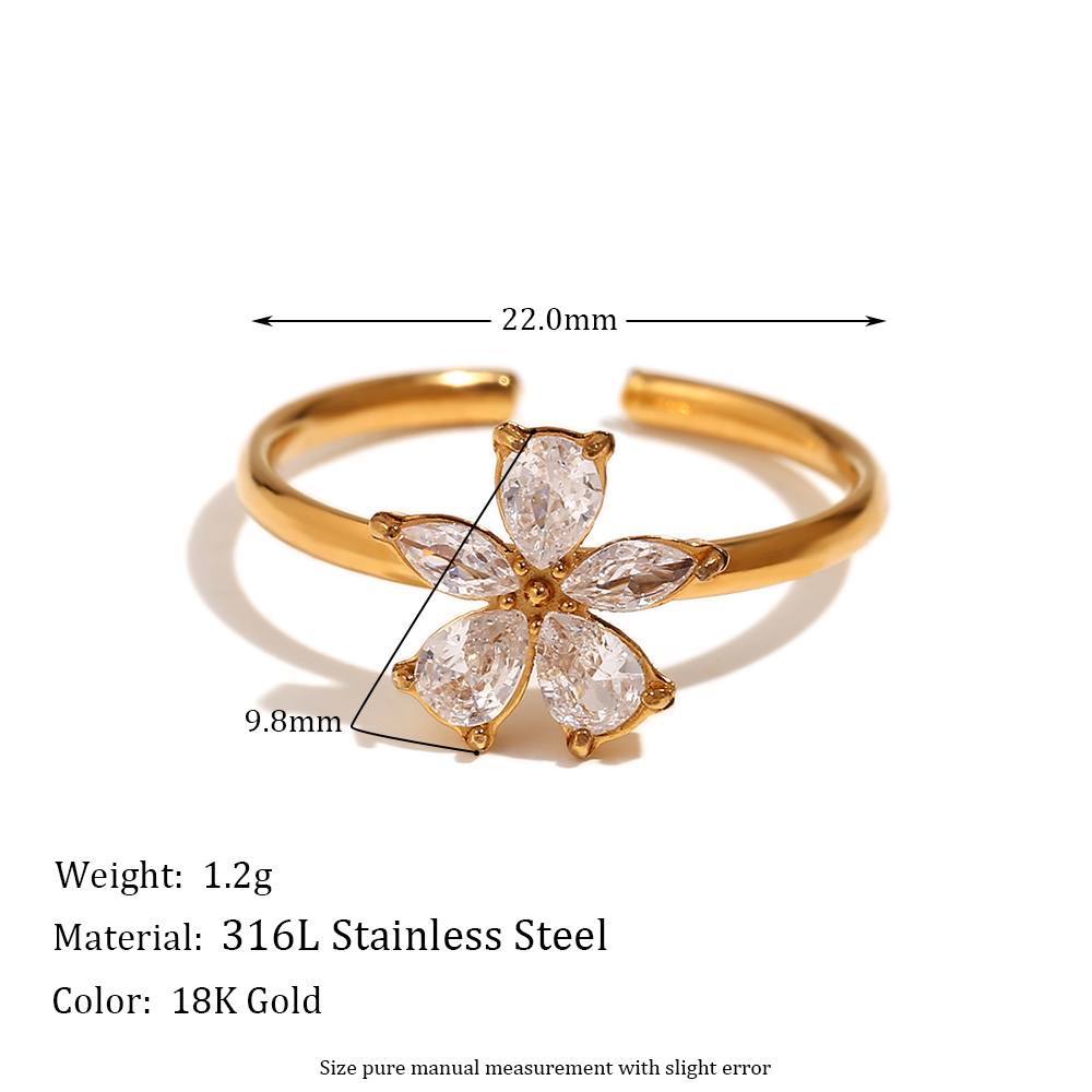 Simple Style Flower Stainless Steel Plating Zircon 18k Gold Plated Open Rings display picture 2