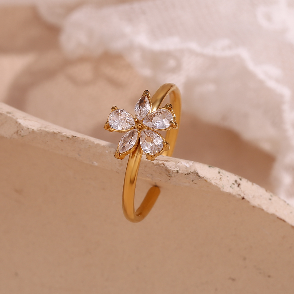 Simple Style Flower Stainless Steel Plating Zircon 18k Gold Plated Open Rings display picture 7