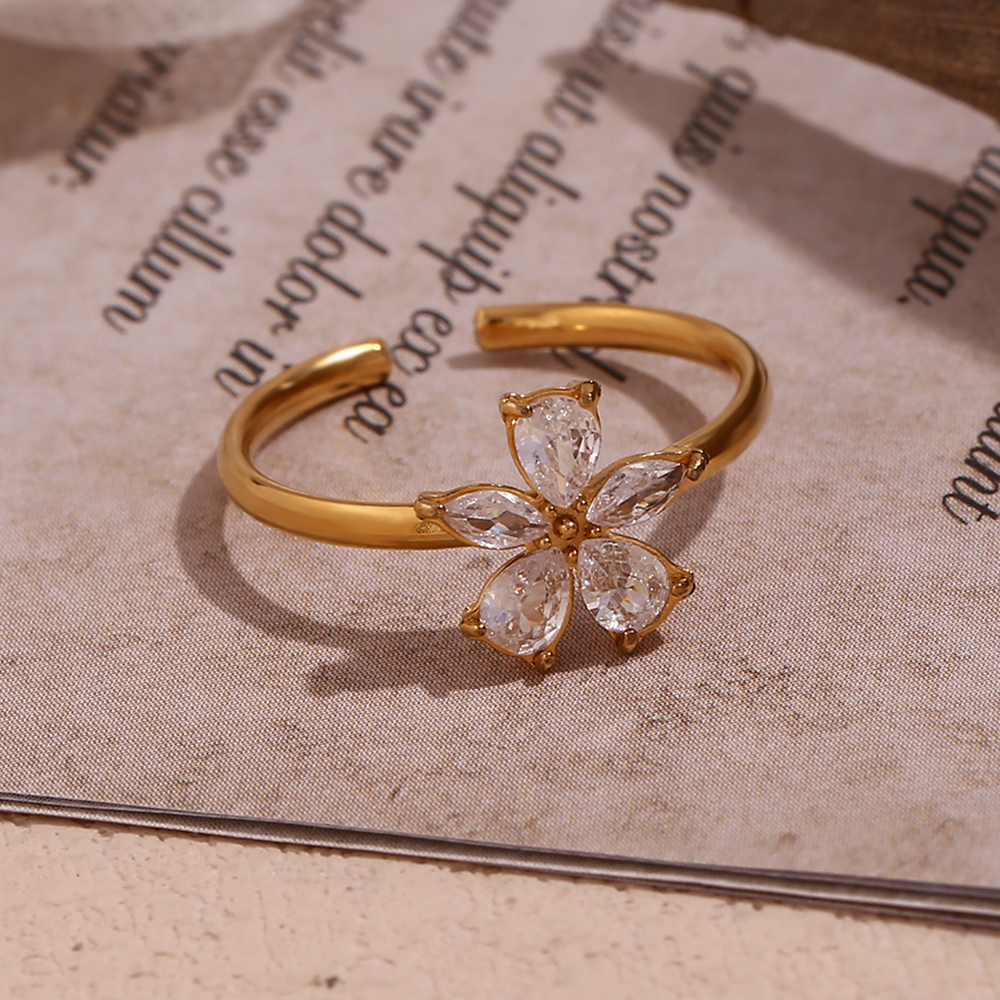 Simple Style Flower Stainless Steel Plating Zircon 18k Gold Plated Open Rings display picture 12