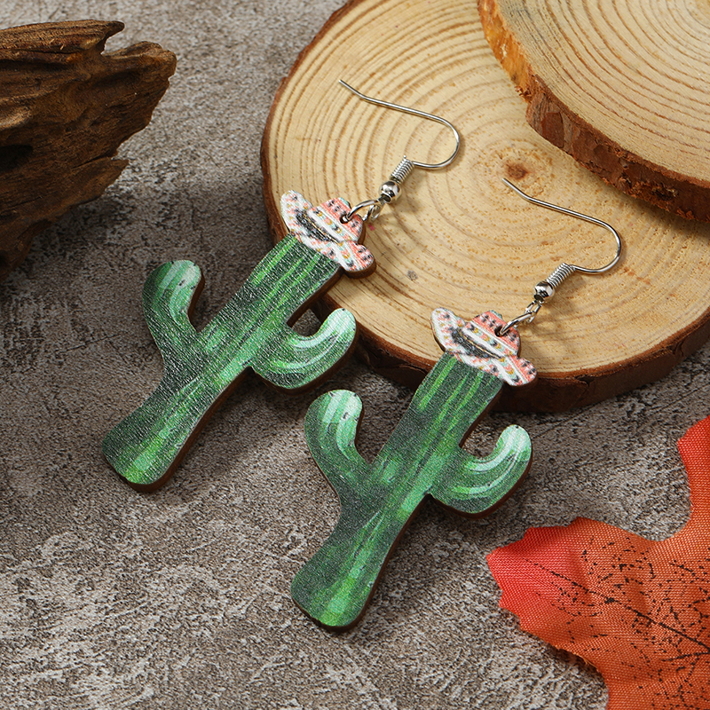 1 Paar Süß Komisch Kaktus Stiefel Holz Keine Intarsien Ohrhaken display picture 10