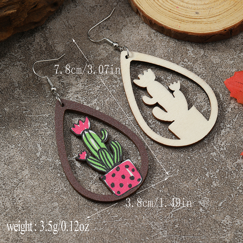 1 Pair Cute Funny Cactus Cattle Flower Hollow Out Wood No Inlaid Ear Hook display picture 7