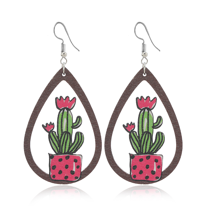 1 Pair Cute Funny Cactus Cattle Flower Hollow Out Wood No Inlaid Ear Hook display picture 8