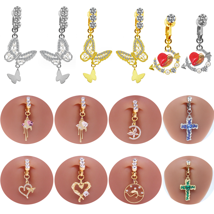Casual Moon Heart Shape Floral Stainless Steel Copper Epoxy Inlay Rhinestones Zircon White Gold Plated Belly Ring display picture 22