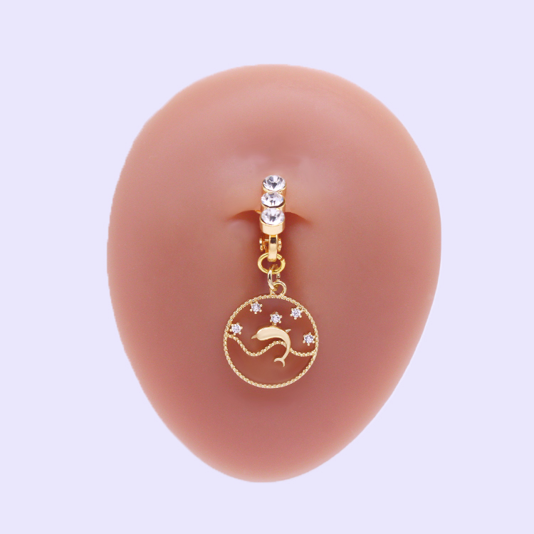 Casual Moon Heart Shape Floral Stainless Steel Copper Epoxy Inlay Rhinestones Zircon White Gold Plated Belly Ring display picture 3
