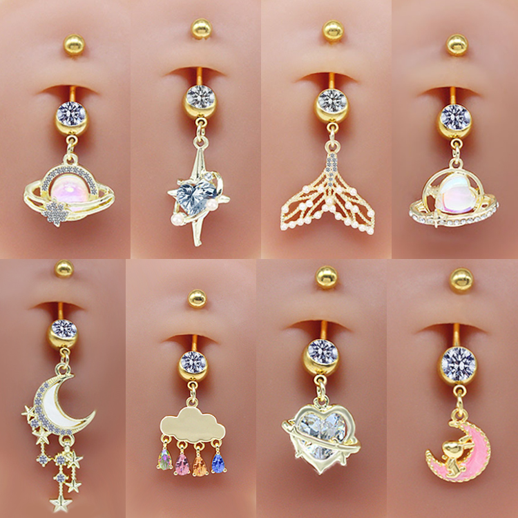 Casual Cute Commute Sunflower Starry Sky Snowflake Stainless Steel Copper Plating Inlay Rhinestones Zircon White Gold Plated Gold Plated Belly Ring display picture 21