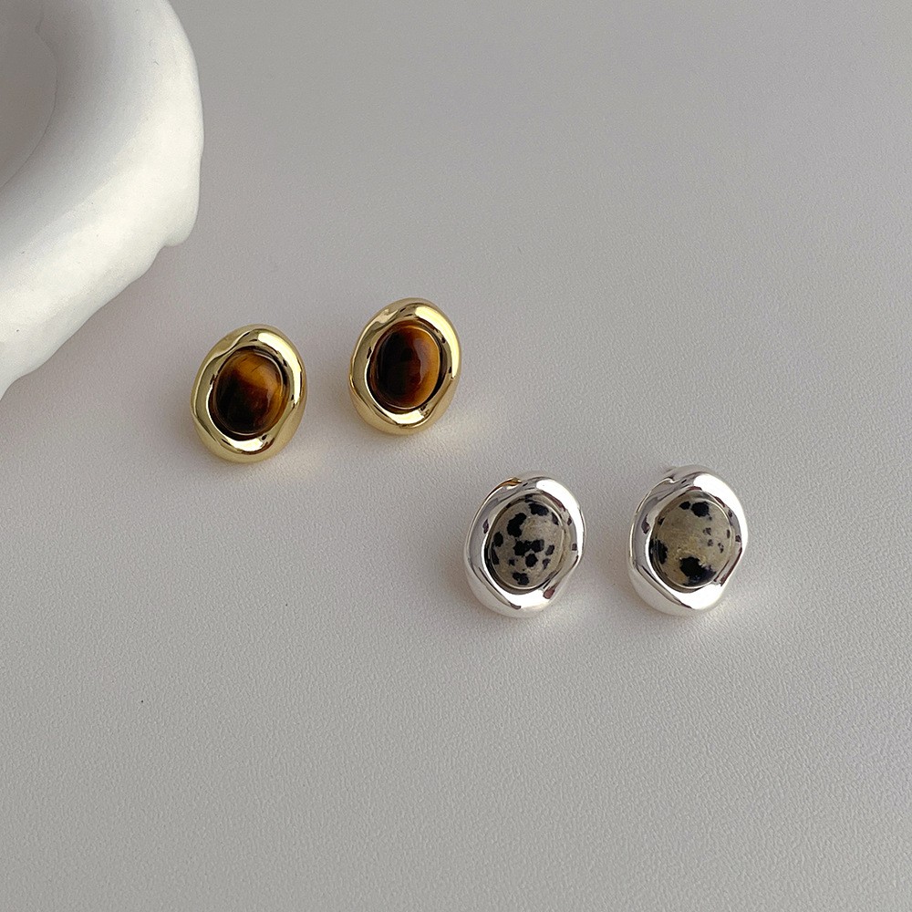 1 Piece Vintage Style Geometric Oval Plating Inlay Copper Natural Stone 14k Gold Plated White Gold Plated Ear Studs display picture 2