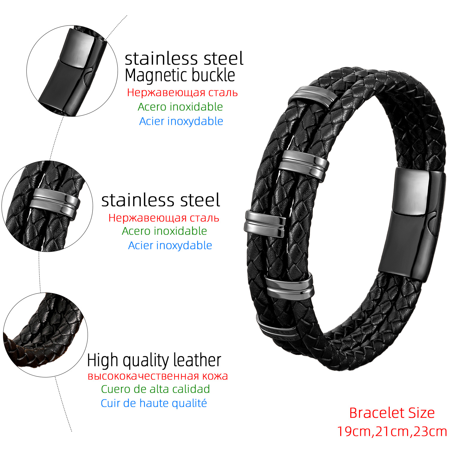 Punk Streetwear Rectangle Stainless Steel Pu Leather Men's Bracelets display picture 6