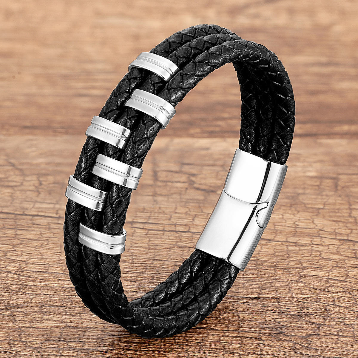 Punk Streetwear Rectangle Stainless Steel Pu Leather Men's Bracelets display picture 3