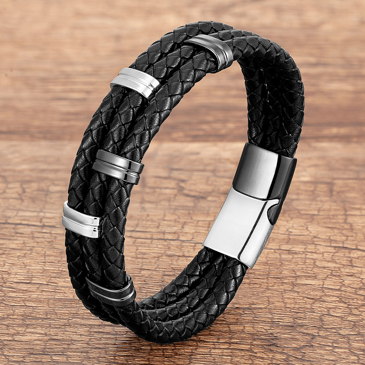 Punk Streetwear Rectangle Stainless Steel Pu Leather Men's Bracelets display picture 5