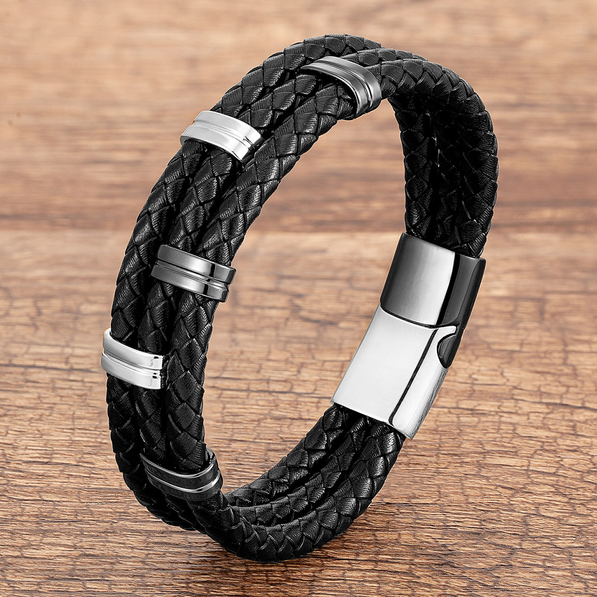 Punk Vêtement De Rue Rectangle Acier Inoxydable Faux Cuir Hommes Bracelets display picture 5