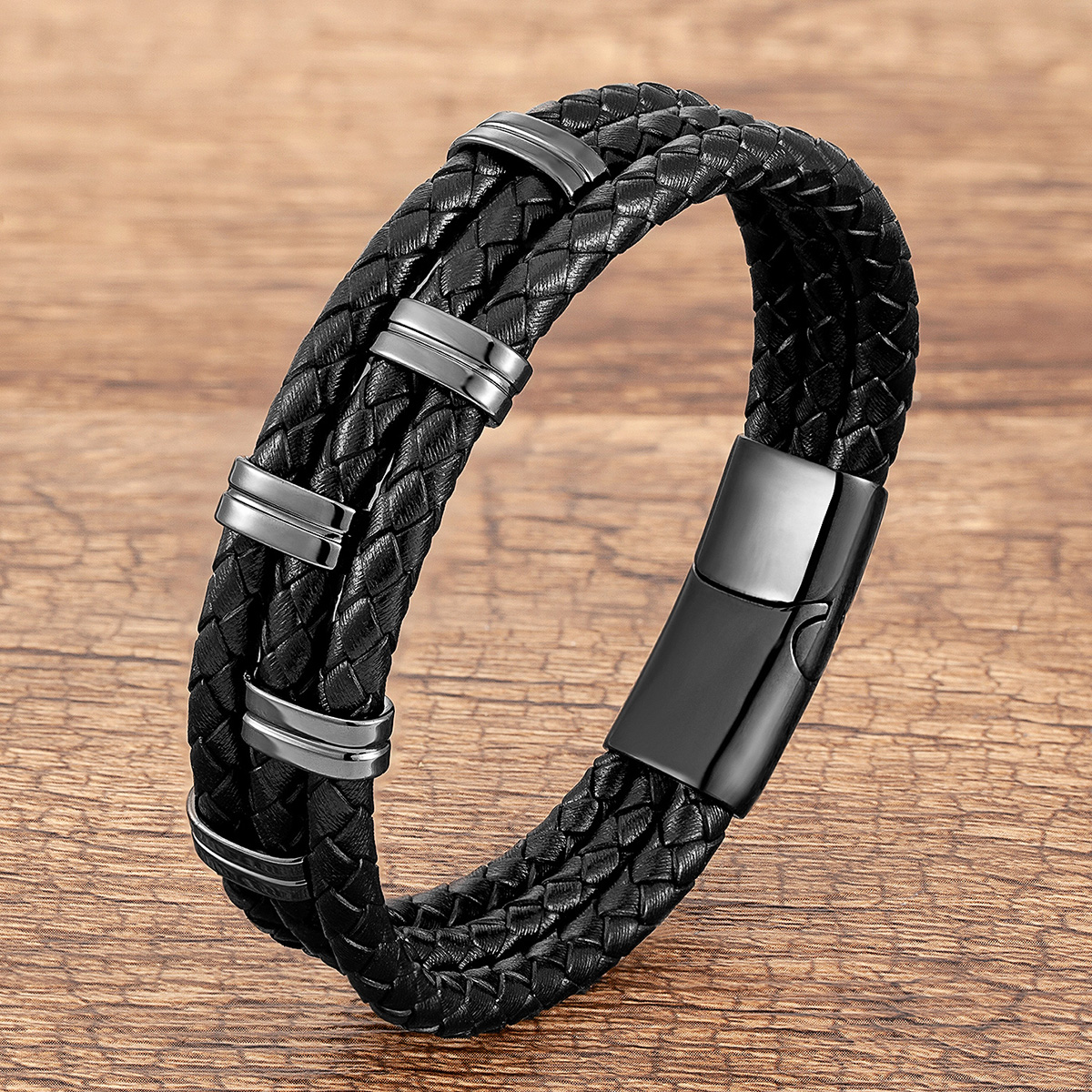 Punk Streetwear Rectangle Stainless Steel Pu Leather Men's Bracelets display picture 1