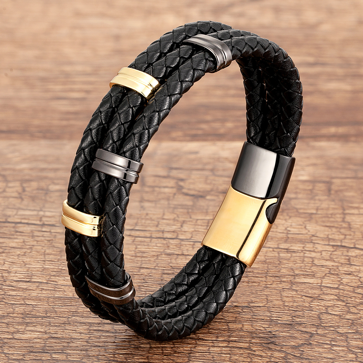 Punk Streetwear Rectangle Stainless Steel Pu Leather Men's Bracelets display picture 4