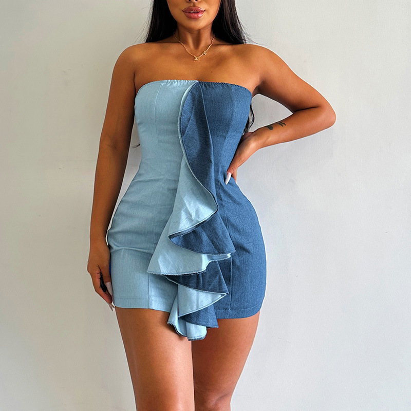 Mujeres Vestidos De Denim Sexy Sin Tirantes Sin Mangas Bloque De Color Mini Vestido Corto Calle display picture 8