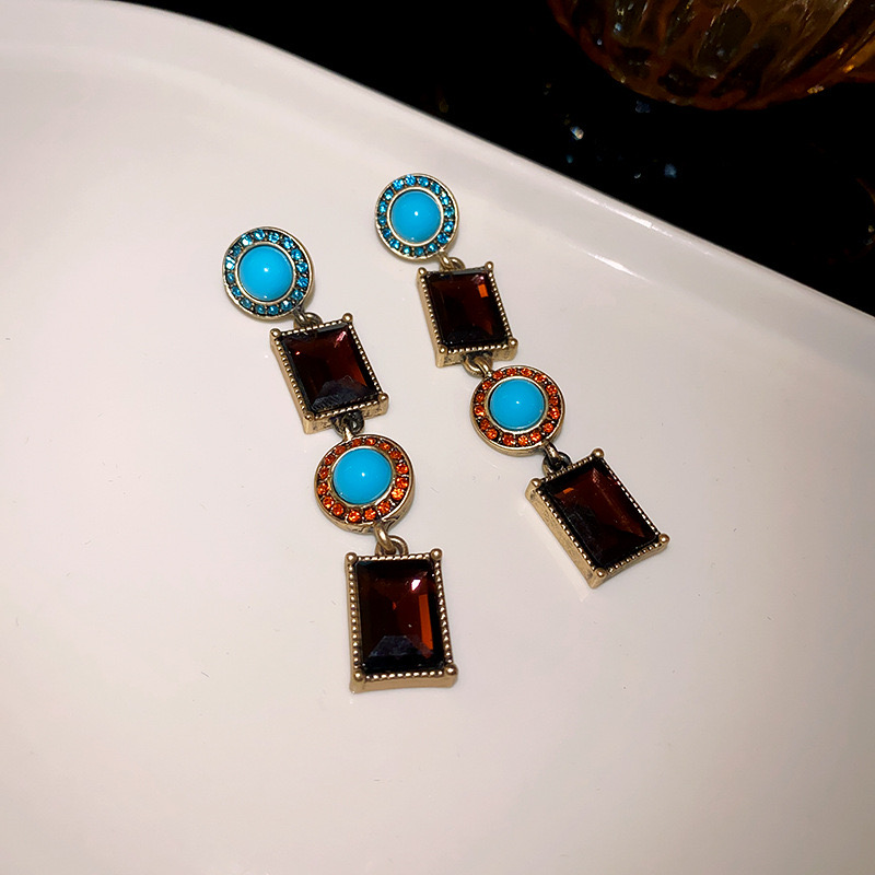 1 Pair Vintage Style Round Color Block Square Alloy Drop Earrings display picture 3