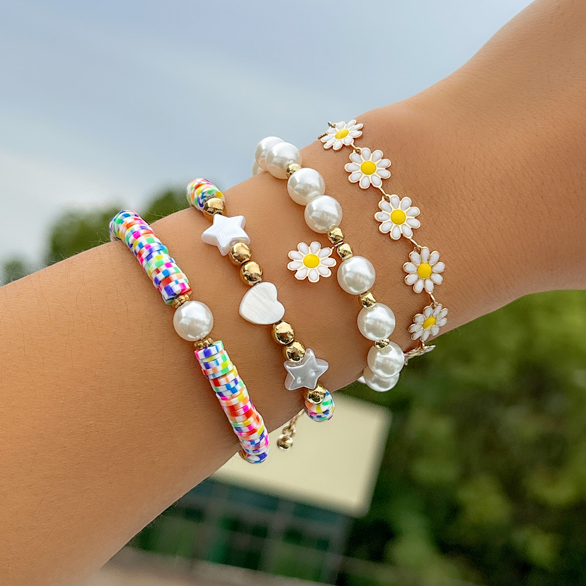 Vacation Beach Pastoral Star Heart Shape Flower Imitation Pearl Alloy Soft Clay Beaded Plating Women's Bracelets display picture 3