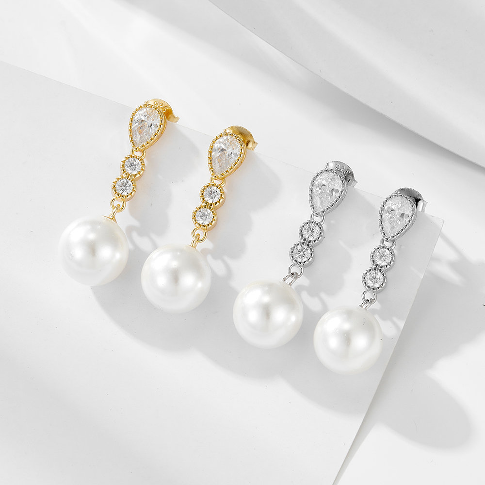 1 Pair Ig Style Sweet Geometric Solid Color Plating Inlay Sterling Silver Pearl Zircon 14k Gold Plated Rhodium Plated Drop Earrings display picture 1