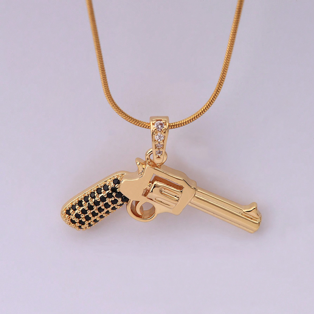 Hip-hop Rock Roman Style Pistol Artificial Crystal Steel Copper Plating Inlay Zircon 18k Gold Plated Unisex Pendant Necklace display picture 4
