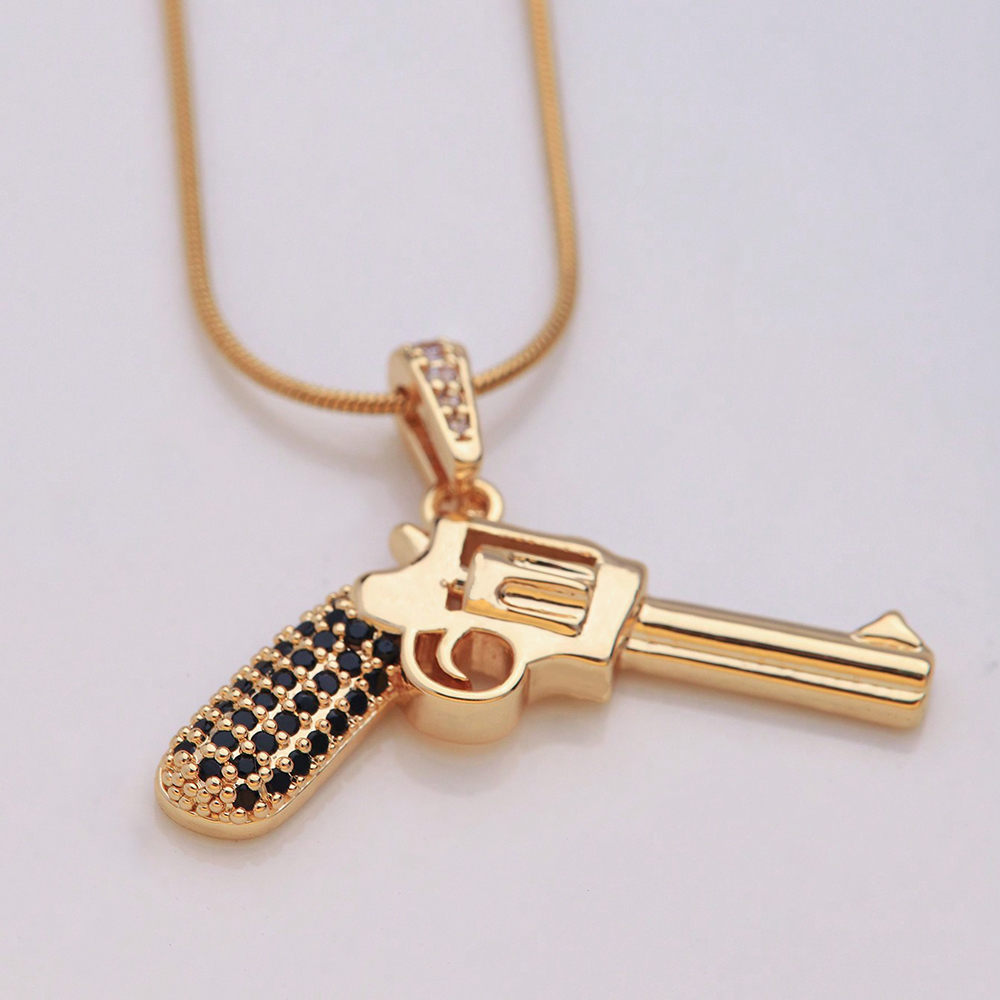 Hip-hop Rock Roman Style Pistol Artificial Crystal Steel Copper Plating Inlay Zircon 18k Gold Plated Unisex Pendant Necklace display picture 1