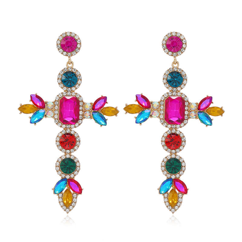 1 Pair Rock Ethnic Style Cross Plating Hollow Out Inlay Alloy Rhinestones Gold Plated Drop Earrings display picture 3