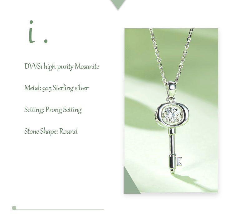 Elegant Lady Key Sterling Silver Gra Inlay Moissanite Rhodium Plated Pendant Necklace display picture 1