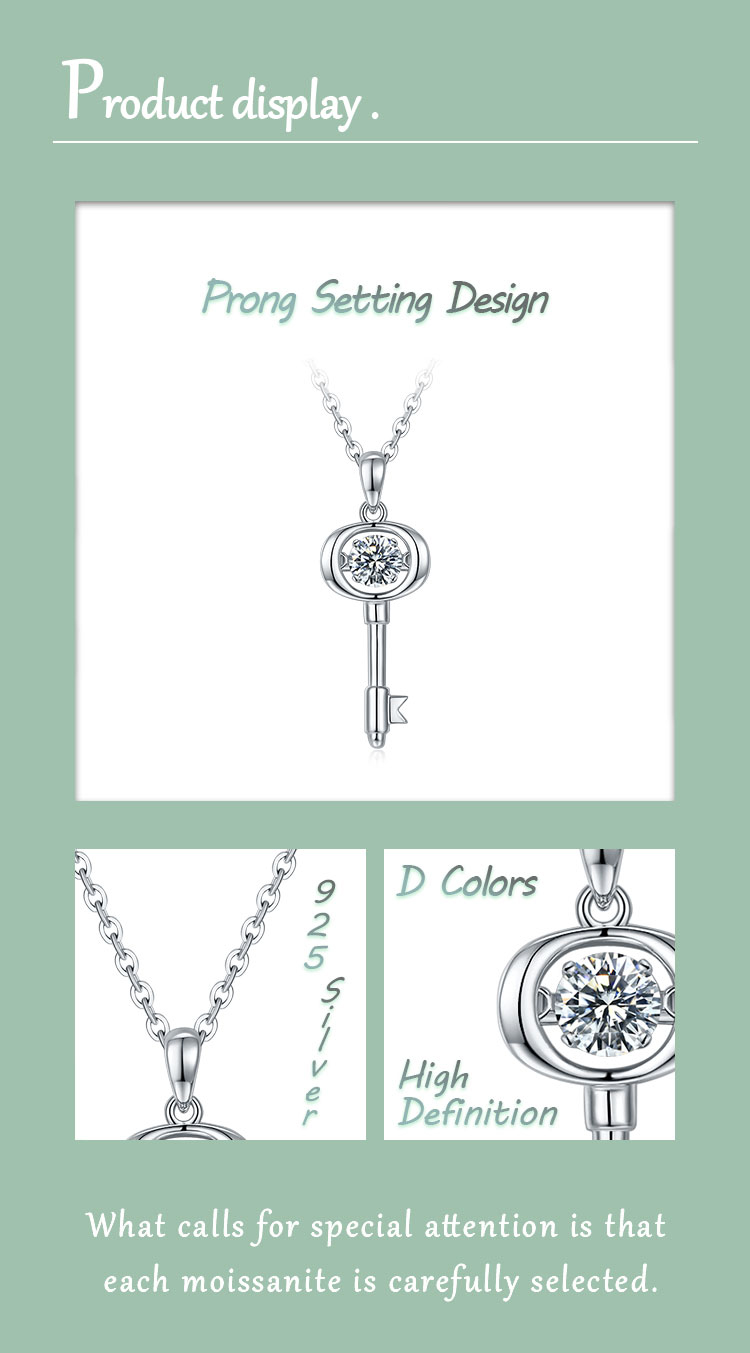 Elegant Lady Key Sterling Silver Gra Inlay Moissanite Rhodium Plated Pendant Necklace display picture 2