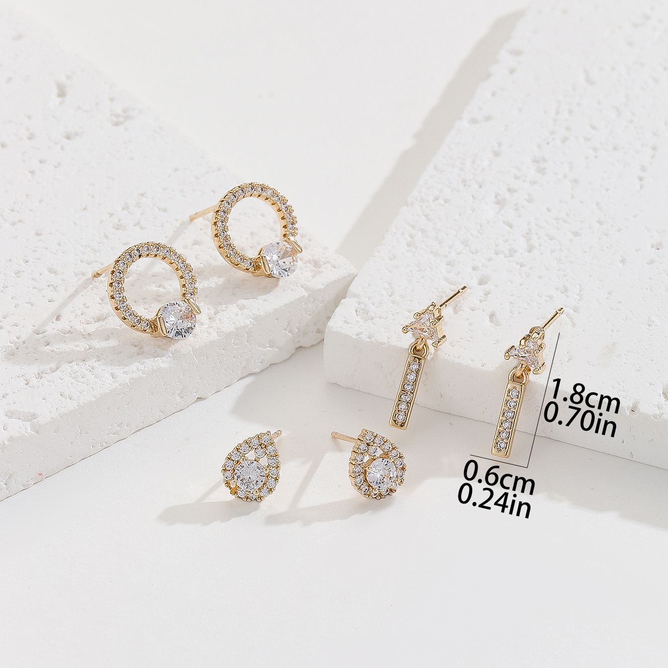 3 Pairs Elegant Lady Water Droplets Plating Inlay Copper Zircon Gold Plated Ear Studs display picture 2