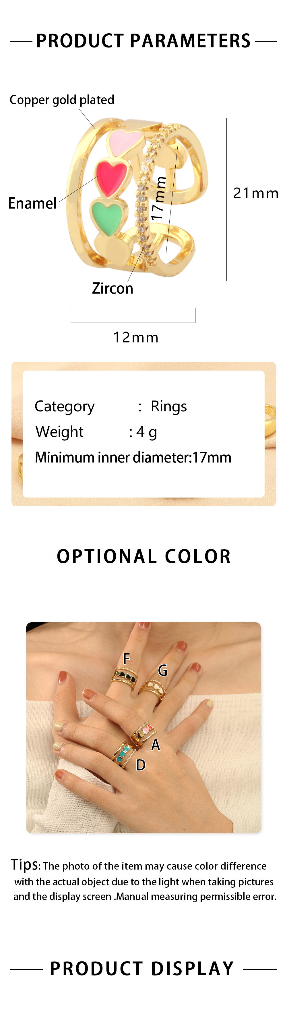 Einfacher Stil Herzform Kupfer Emaille Überzug Inlay Zirkon 18 Karat Vergoldet Offener Ring display picture 1