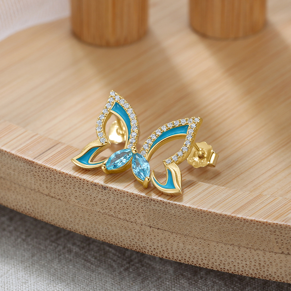 1 Pair Simple Style Butterfly Epoxy Plating Inlay Sterling Silver Zircon 14k Gold Plated White Gold Plated Ear Studs display picture 4