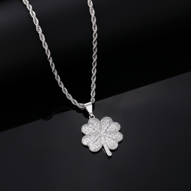 Hip-Hop Retro Four Leaf Clover 304 Stainless Steel Copper Plating Inlay Rhinestones Zircon K Gold Plated Rhodium Plated Unisex Pendant Necklace display picture 5