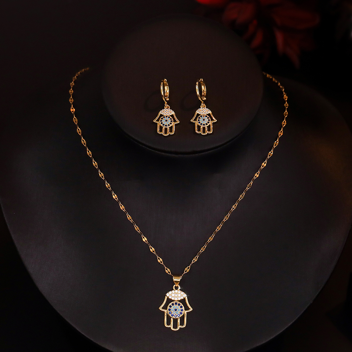Simple Style Hand Of Fatima Copper Plating Inlay Zircon 18k Gold Plated Earrings Necklace Jewelry Set display picture 5